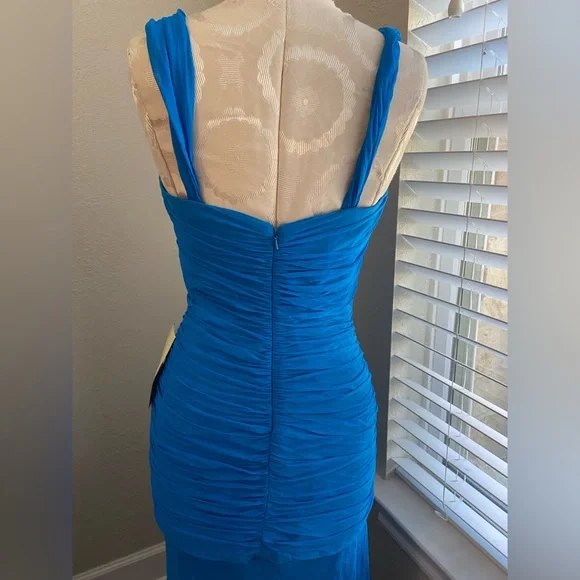 NWT, Designer 100% Silk Chiffon Blue Hi Lo Hem Evening Gown Dress, Size 8 - Picture 7 of 16